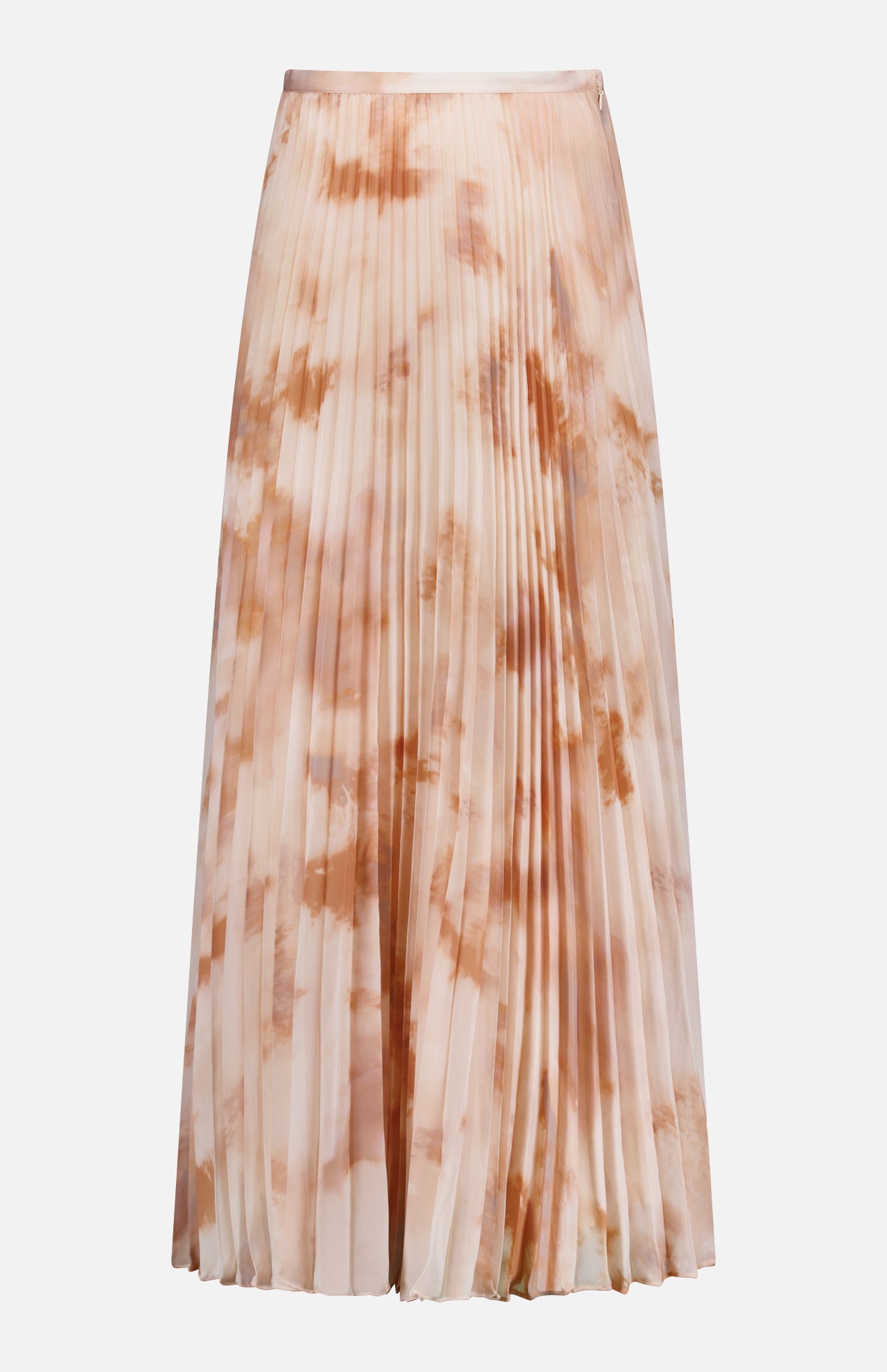 The L’AGENCE Torin Pleated Maxi Skirt features a soft peach and beige frappe tie-dye on lightweight fabric, shown against a plain white background.
