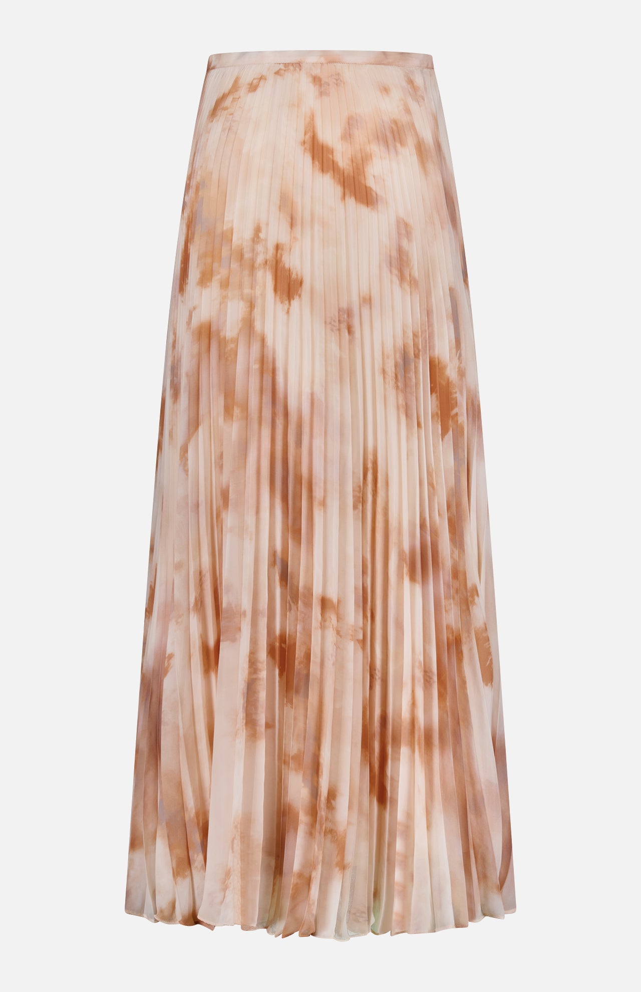 The L’AGENCE Torin Pleated Maxi Skirt features a light beige base with a brown frappe tie-dye pattern and is shown against a plain white background.