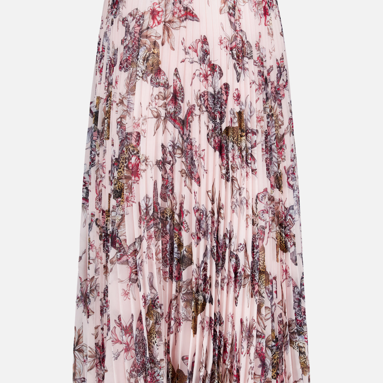 The Torin Pleated Maxi Skirt by L'AGENCE features a soft pink stretch-mesh base with an intricate red, purple, and brown jungle print of florals, birds, and butterflies.