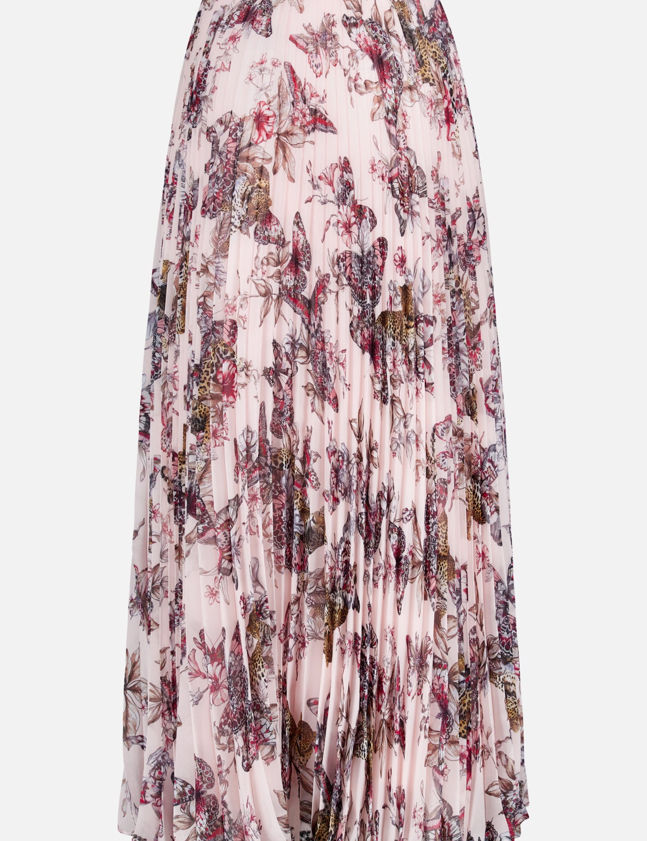 The Torin Pleated Maxi Skirt by L'AGENCE features a soft pink stretch-mesh base with an intricate red, purple, and brown jungle print of florals, birds, and butterflies.