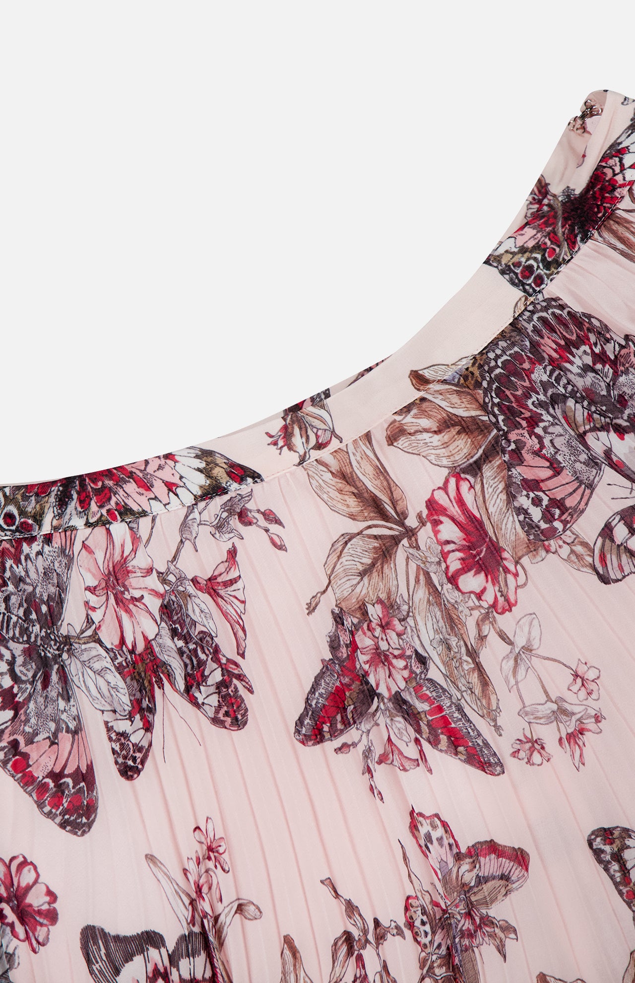 Close-up of the Torin Pleated Maxi Skirt by L'AGENCE, crafted from stretch-mesh in light pink with a butterfly jungle print in red, pink, and brown for a delicate, feminine look.