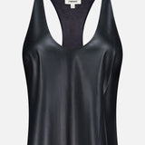 The L’AGENCE Tullia Racerback Scoop Neck Tank Top is a sleeveless black tank crafted from vegan stretch leather, featuring a scoop neckline and racerback design. Displayed against a plain white background, it’s the perfect going-out top for any occasion.