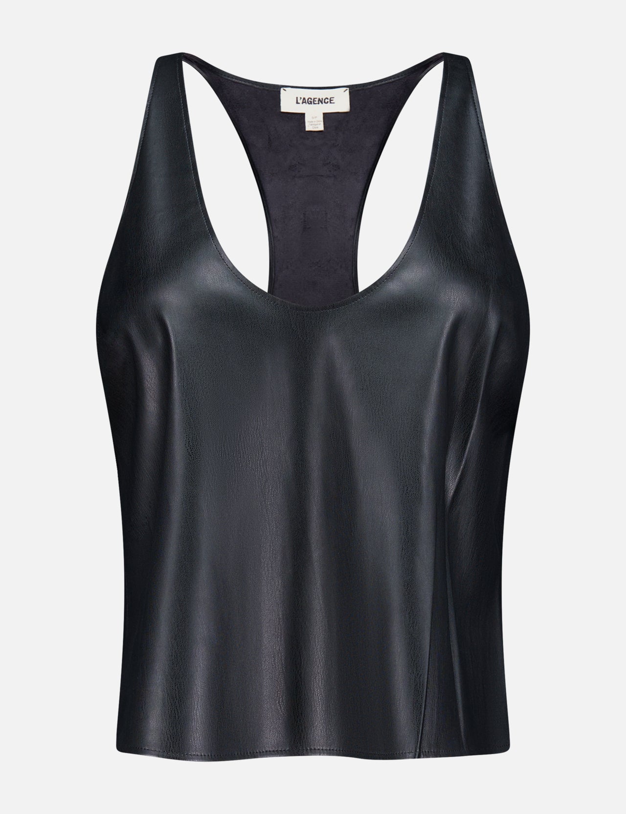The L’AGENCE Tullia Racerback Scoop Neck Tank Top is a sleeveless black tank crafted from vegan stretch leather, featuring a scoop neckline and racerback design. Displayed against a plain white background, it’s the perfect going-out top for any occasion.