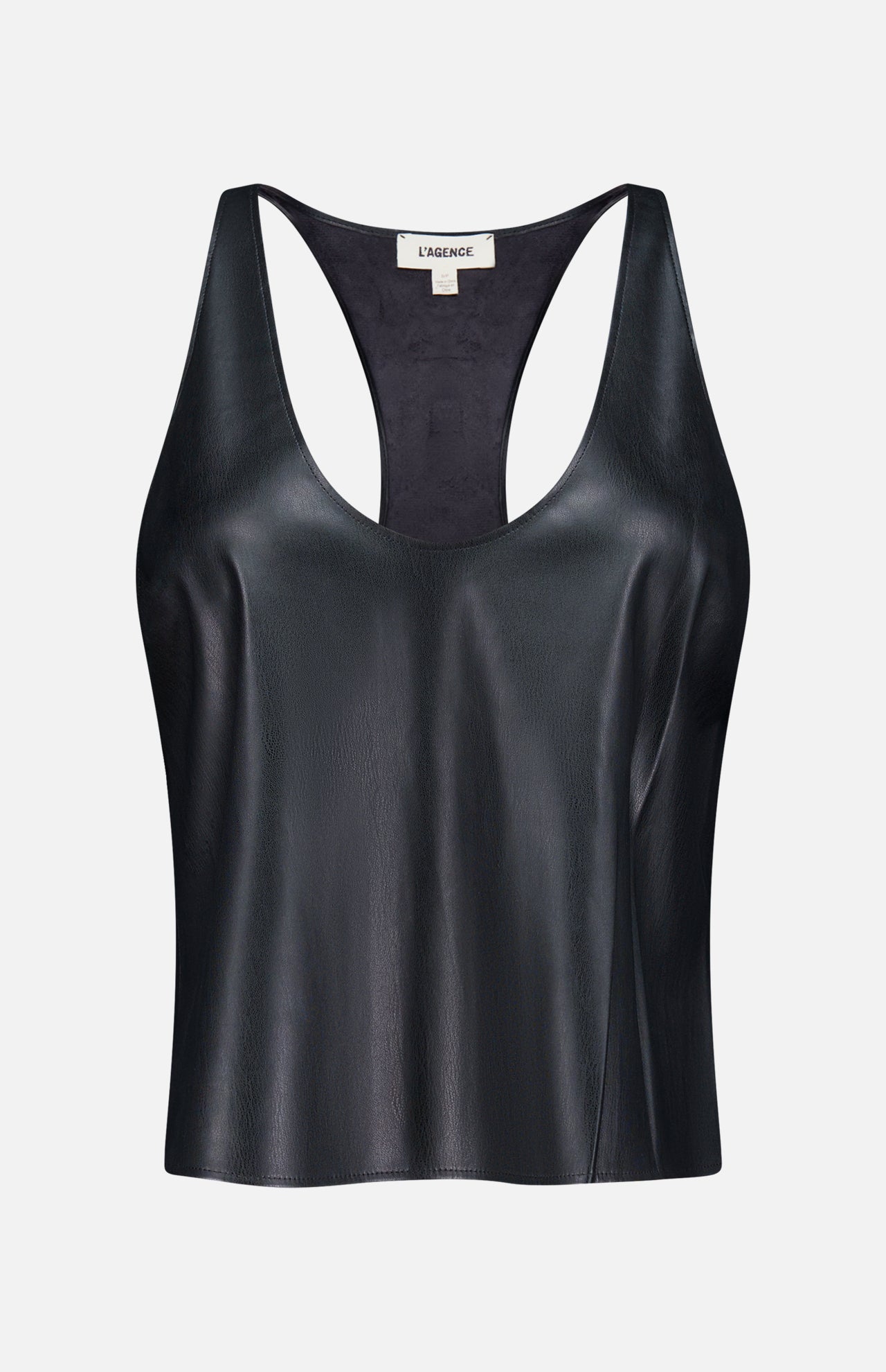 The L’AGENCE Tullia Racerback Scoop Neck Tank Top is a sleeveless black tank crafted from vegan stretch leather, featuring a scoop neckline and racerback design. Displayed against a plain white background, it’s the perfect going-out top for any occasion.