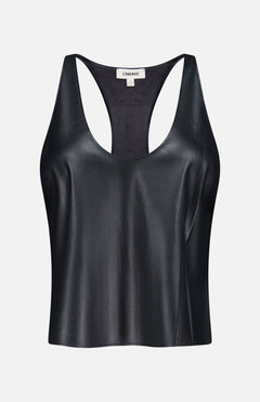 The L’AGENCE Tullia Racerback Scoop Neck Tank Top is a sleeveless black tank crafted from vegan stretch leather, featuring a scoop neckline and racerback design. Displayed against a plain white background, it’s the perfect going-out top for any occasion.