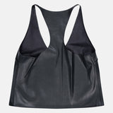 The L’AGENCE Tullia Racerback Scoop Neck Tank Top in black vegan stretch leather is laid flat on a white background, highlighting the back with wide shoulder straps and open sides—a chic going-out piece designed to make a statement.