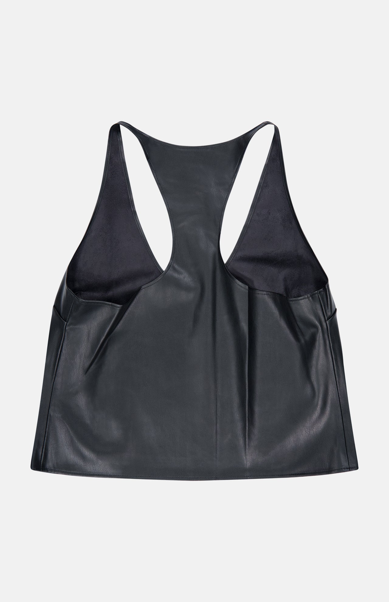 The L’AGENCE Tullia Racerback Scoop Neck Tank Top in black vegan stretch leather is laid flat on a white background, highlighting the back with wide shoulder straps and open sides—a chic going-out piece designed to make a statement.