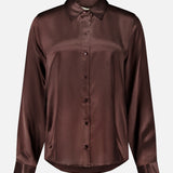 L’Agence Tyler Long Sleeve Blouse in dark brown silk with a collar and button-down front.