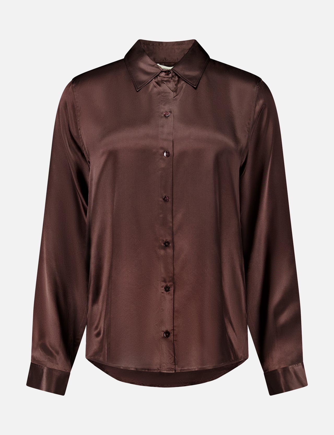 L’Agence Tyler Long Sleeve Blouse in dark brown silk with a collar and button-down front.
