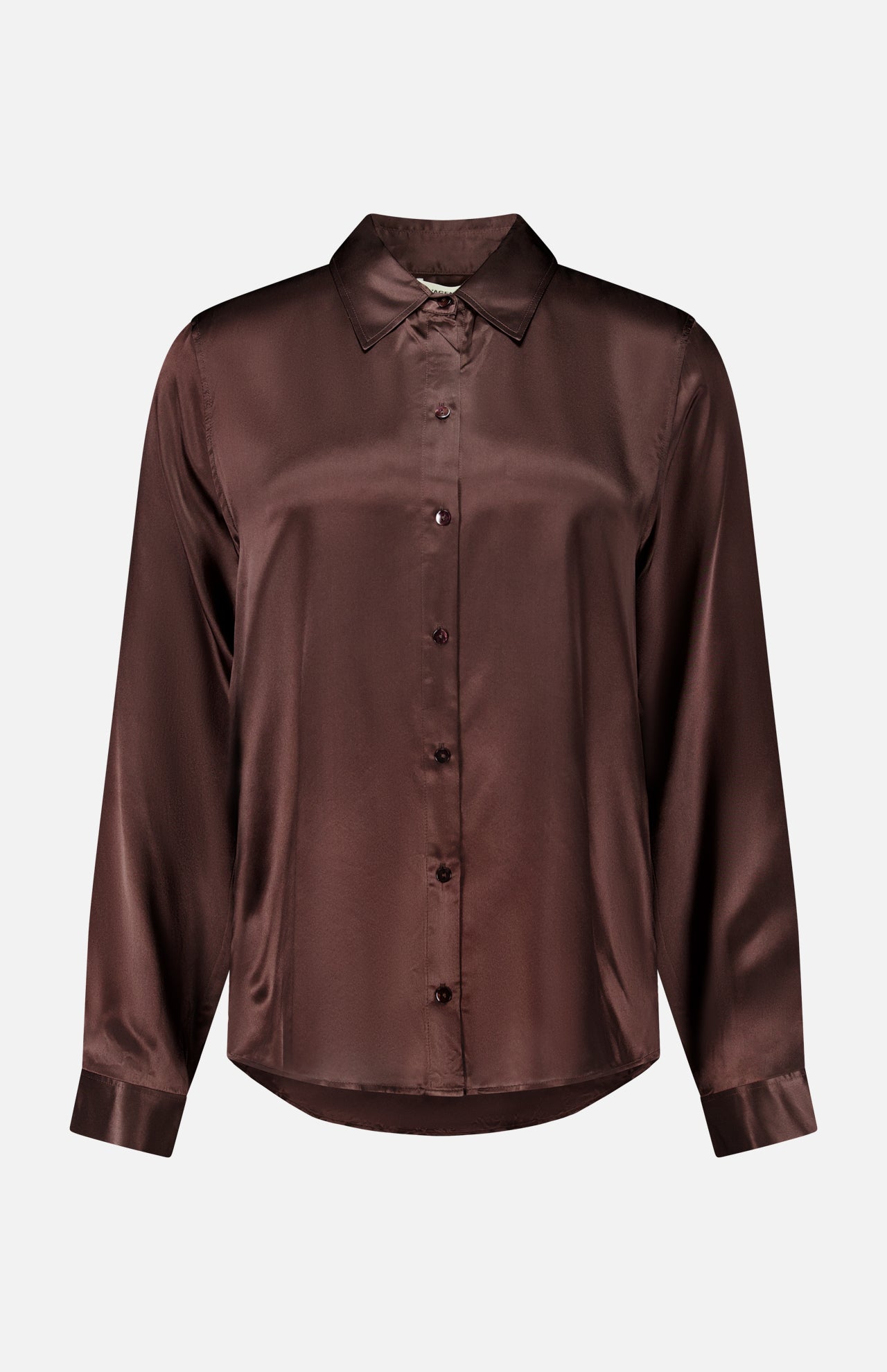 L’Agence Tyler Long Sleeve Blouse in dark brown silk with a collar and button-down front.