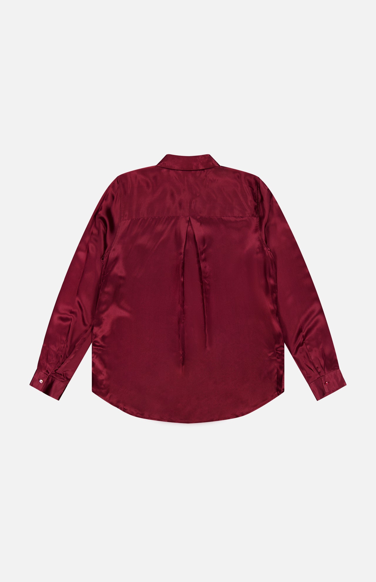 The Tyler Long Sleeve Silk Blouse by L’AGENCE, shown from the back in rich merlot red silk, features a pleat detail and shoulder yoke for an elegant silhouette.