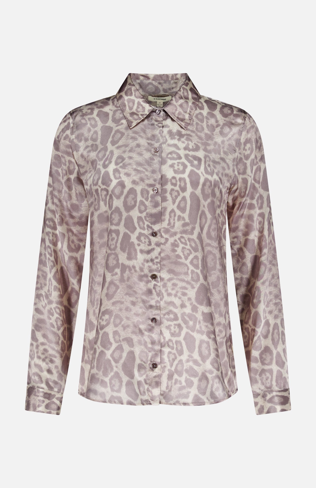 The Tyler Long Sleeve Silk Leopard Print Blouse by L'AGENCE features a classic collar, button-up front, and silky fabric in light mauve and beige tones, shown against a plain white background.