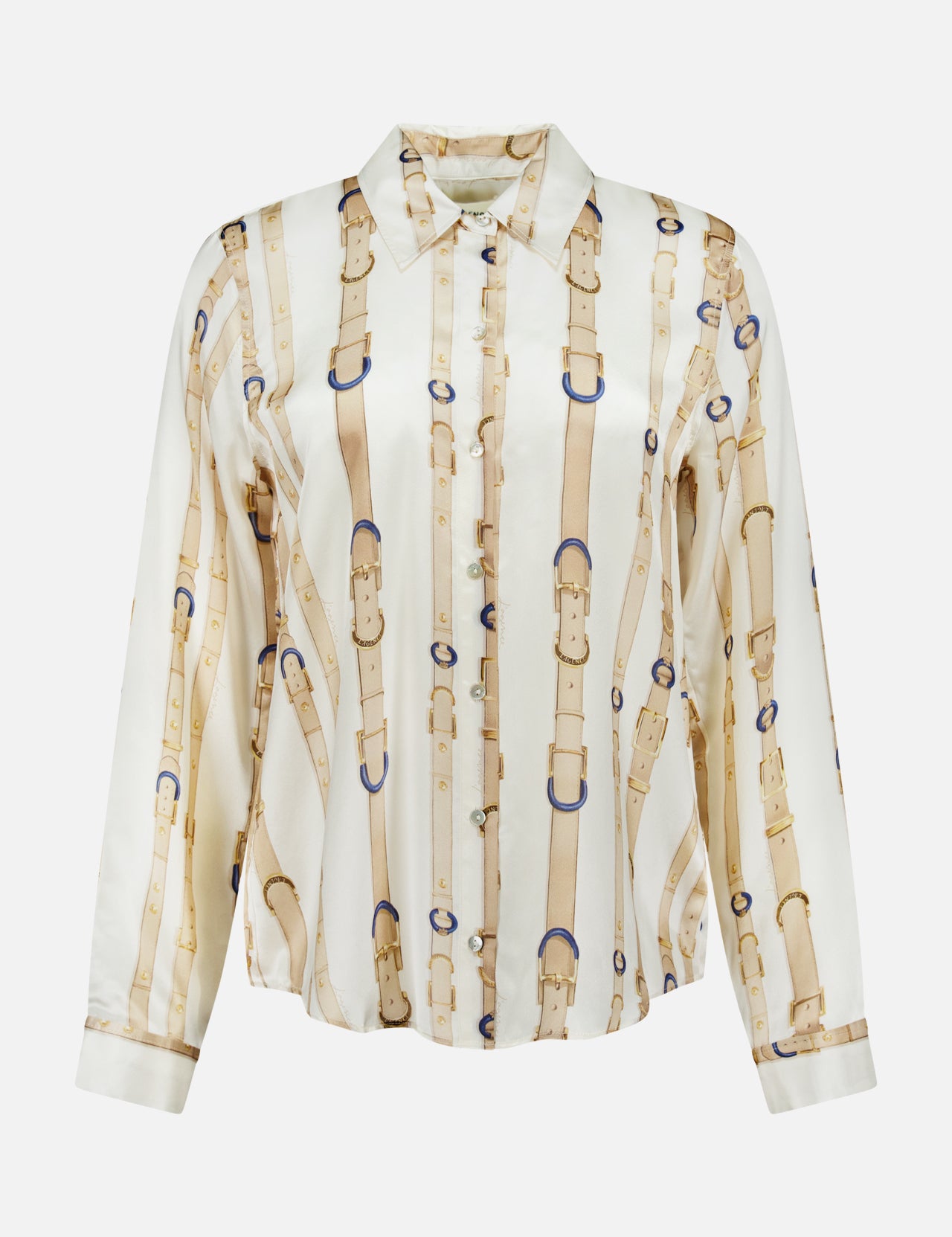 The Tyler Long Sleeve Belt Print Blouse by L’AGENCE is a women’s satin button-up adorned with a sophisticated beige and gold belt and buckle pattern over an elegant ecru background. Perfect for any occasion, this blouse effortlessly adds refined style to your wardrobe.