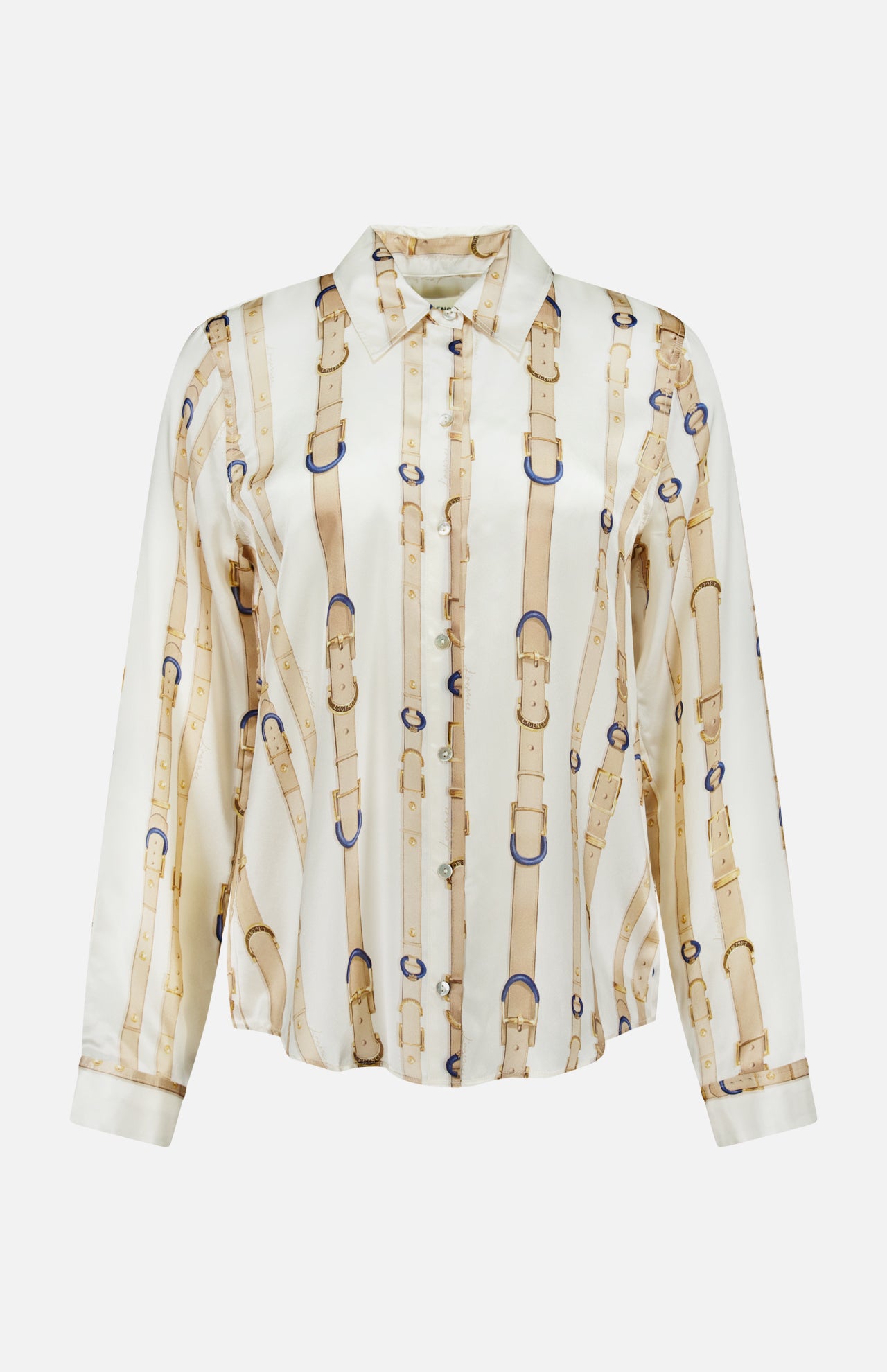 The Tyler Long Sleeve Belt Print Blouse by L’AGENCE is a women’s satin button-up adorned with a sophisticated beige and gold belt and buckle pattern over an elegant ecru background. Perfect for any occasion, this blouse effortlessly adds refined style to your wardrobe.