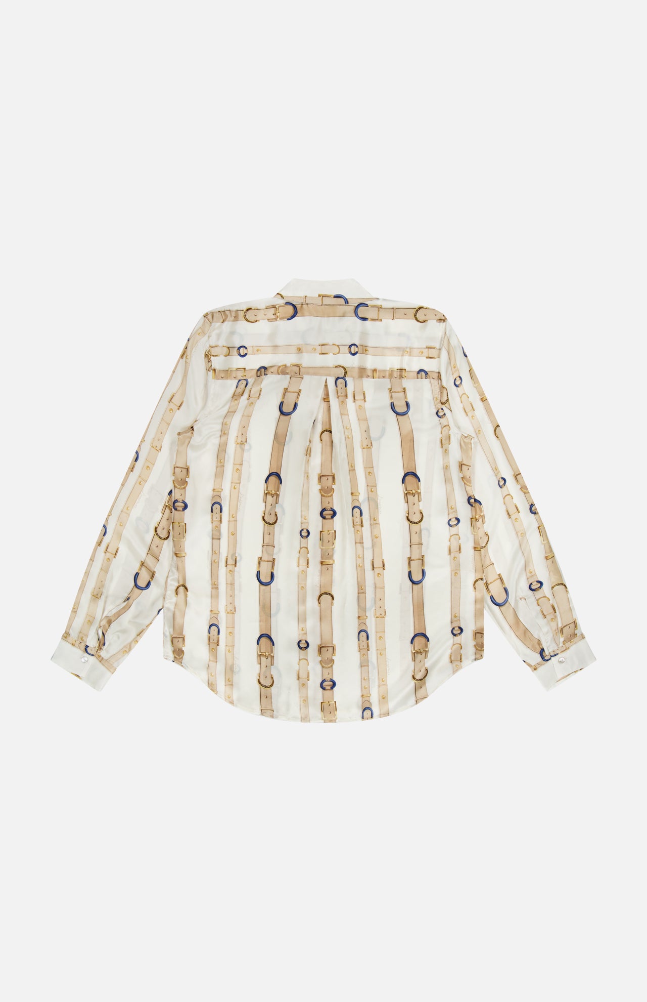 The Tyler Long Sleeve Belt Print Blouse by L’AGENCE is displayed from the back, showcasing its cream background adorned with vertical tan belts and blue buckles. This elegant silk button-down top offers a sophisticated twist on the classic ecru blouse.