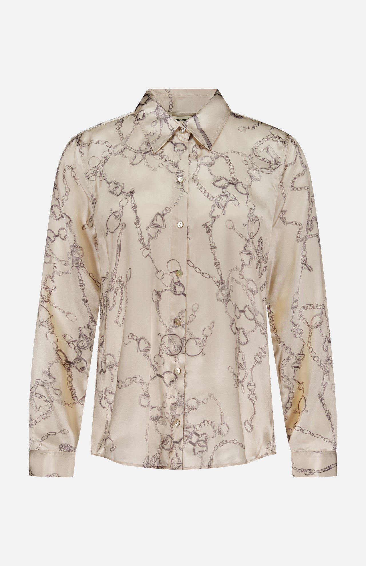The Tyler Long Sleeve Chain Print Blouse by L'AGENCE is a light beige, button-up blouse featuring a subtle chain print and pointed collar, offering a refined, tailored silhouette.