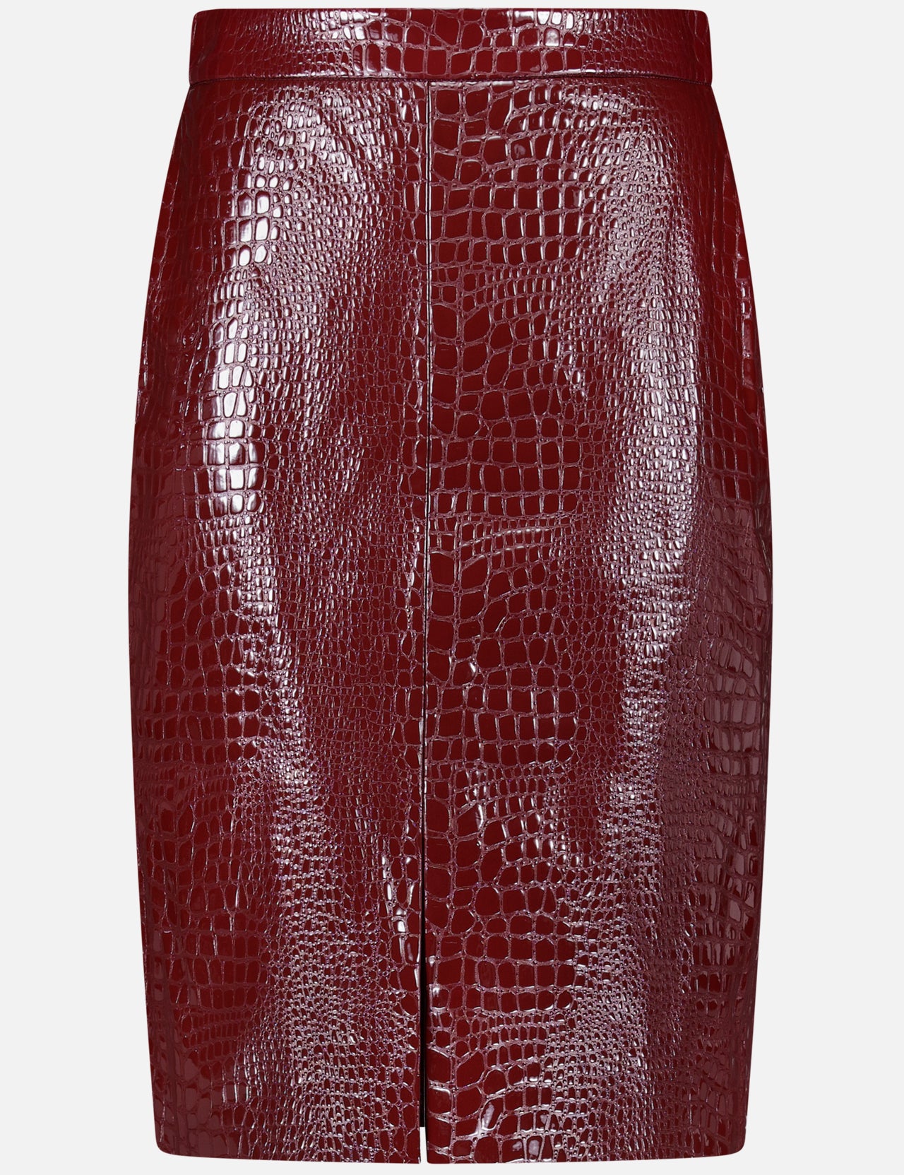 The Violetta Pencil Skirt by L’AGENCE, crafted from burgundy croc-embossed vegan leather, features a front seam and a subtle front slit, showcased against a plain white background.