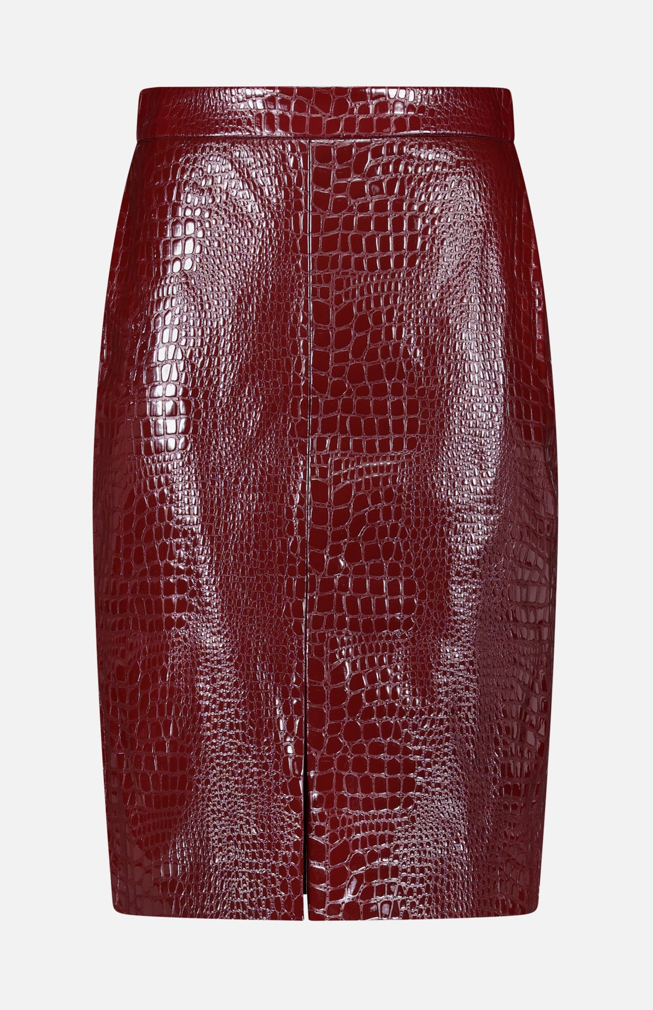 The Violetta Pencil Skirt by L’AGENCE, crafted from burgundy croc-embossed vegan leather, features a front seam and a subtle front slit, showcased against a plain white background.