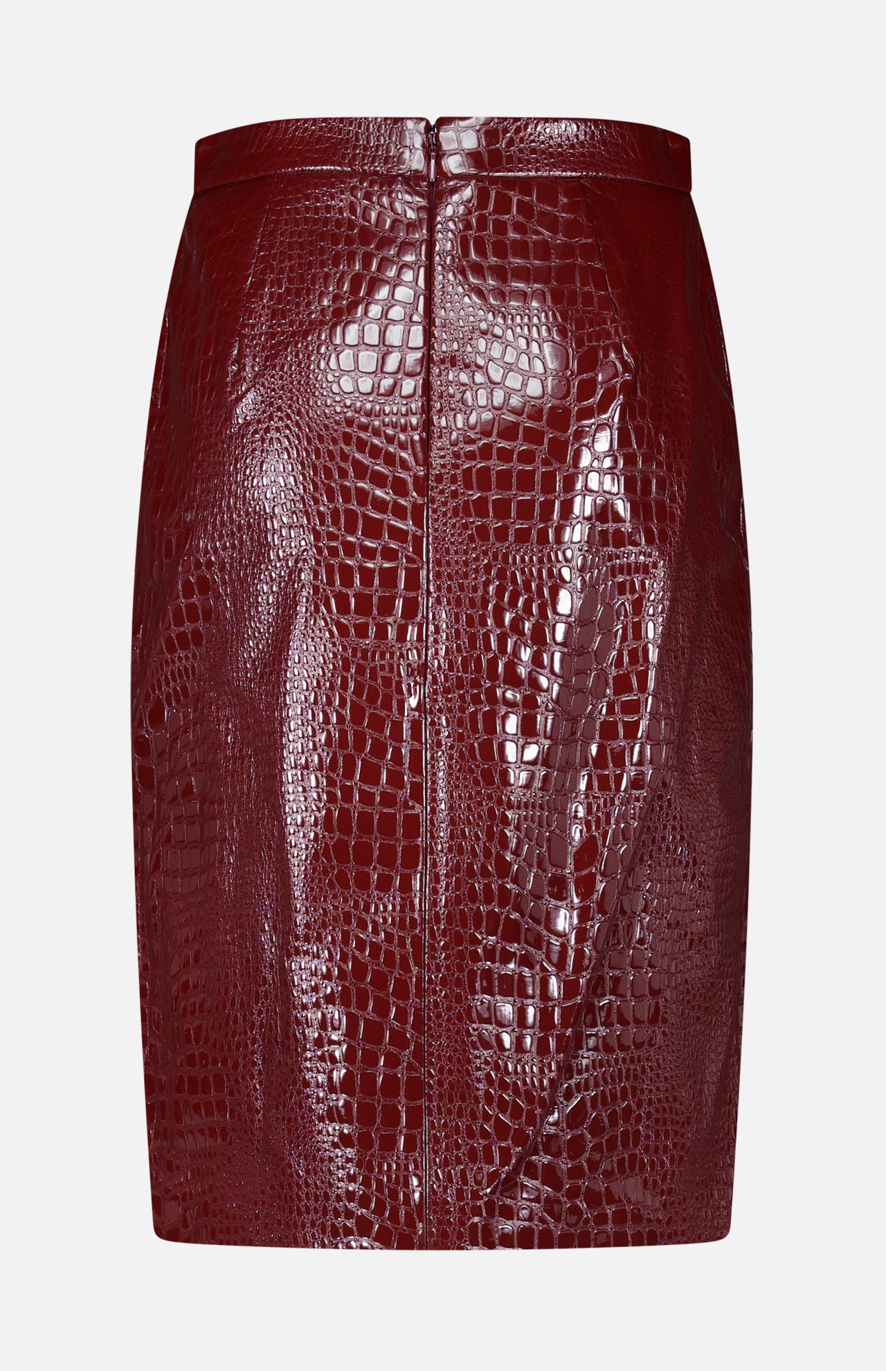 The Violetta Pencil Skirt by L’AGENCE is a shiny, dark red croc-embossed vegan leather mini skirt featuring a fitted silhouette and back zipper, displayed against a plain white background.