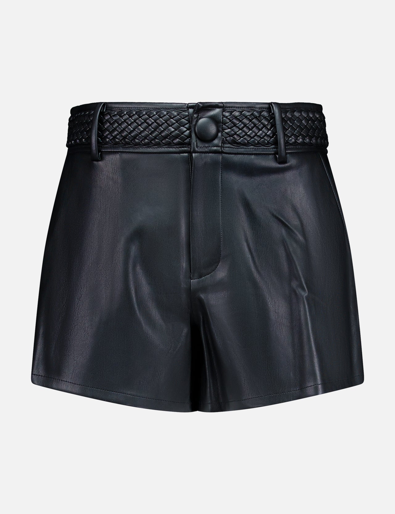 The Virelle Braided Waistband Short by L’AGENCE is crafted from black vegan leather, featuring a high waist, front button closure, and distinctive braided waistband detailing at the top. Western-inspired yet modern in design, these shorts are presented against a clean white background.