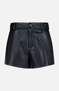 The Virelle Braided Waistband Short by L’AGENCE is crafted from black vegan leather, featuring a high waist, front button closure, and distinctive braided waistband detailing at the top. Western-inspired yet modern in design, these shorts are presented against a clean white background.