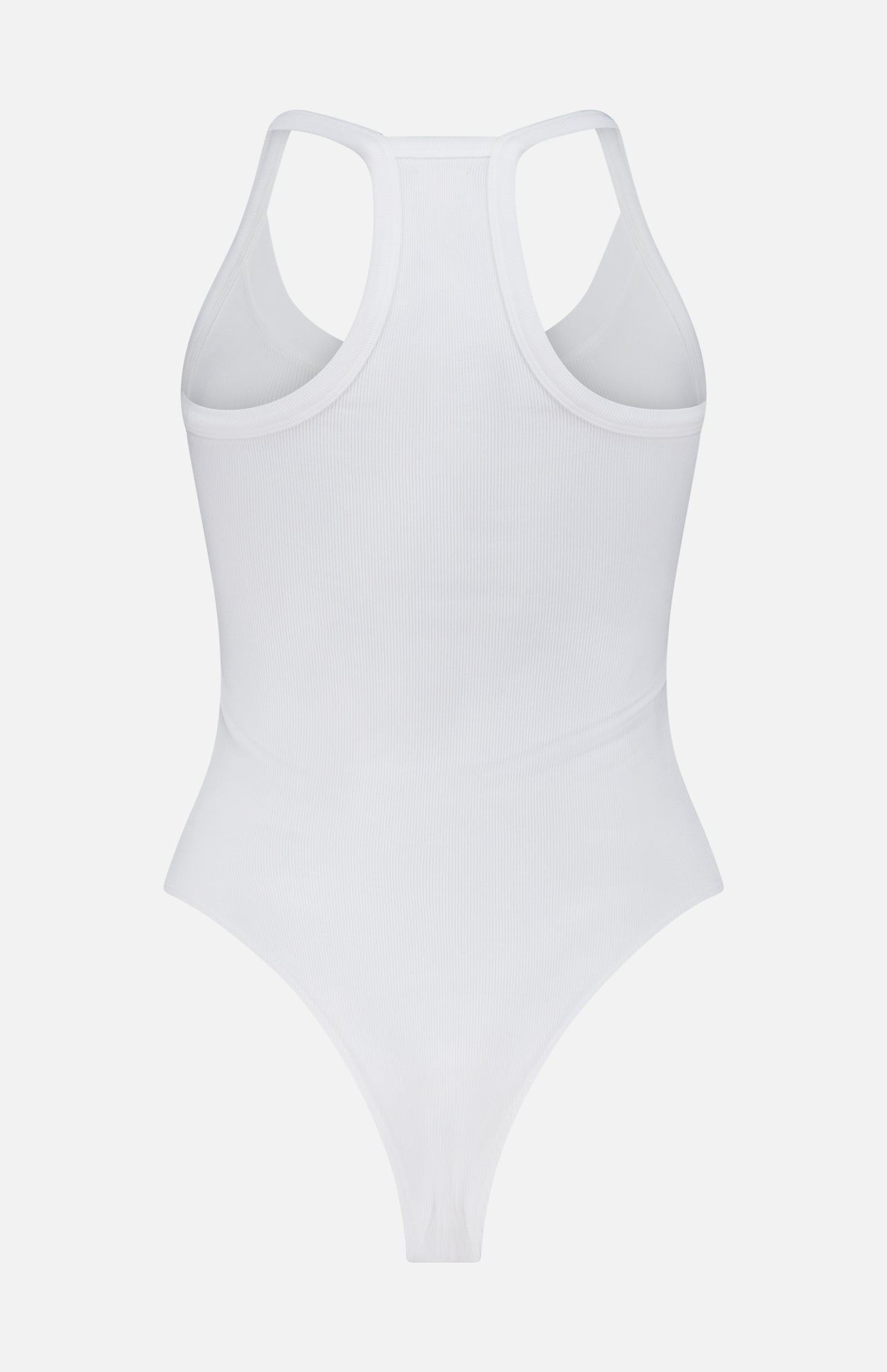The Wrenna Racerback Bodysuit by L'AGENCE is shown from the back, featuring a plain white ribbed design with a racerback and high-cut leg openings, displayed on a white background for a sleek, fitted look.