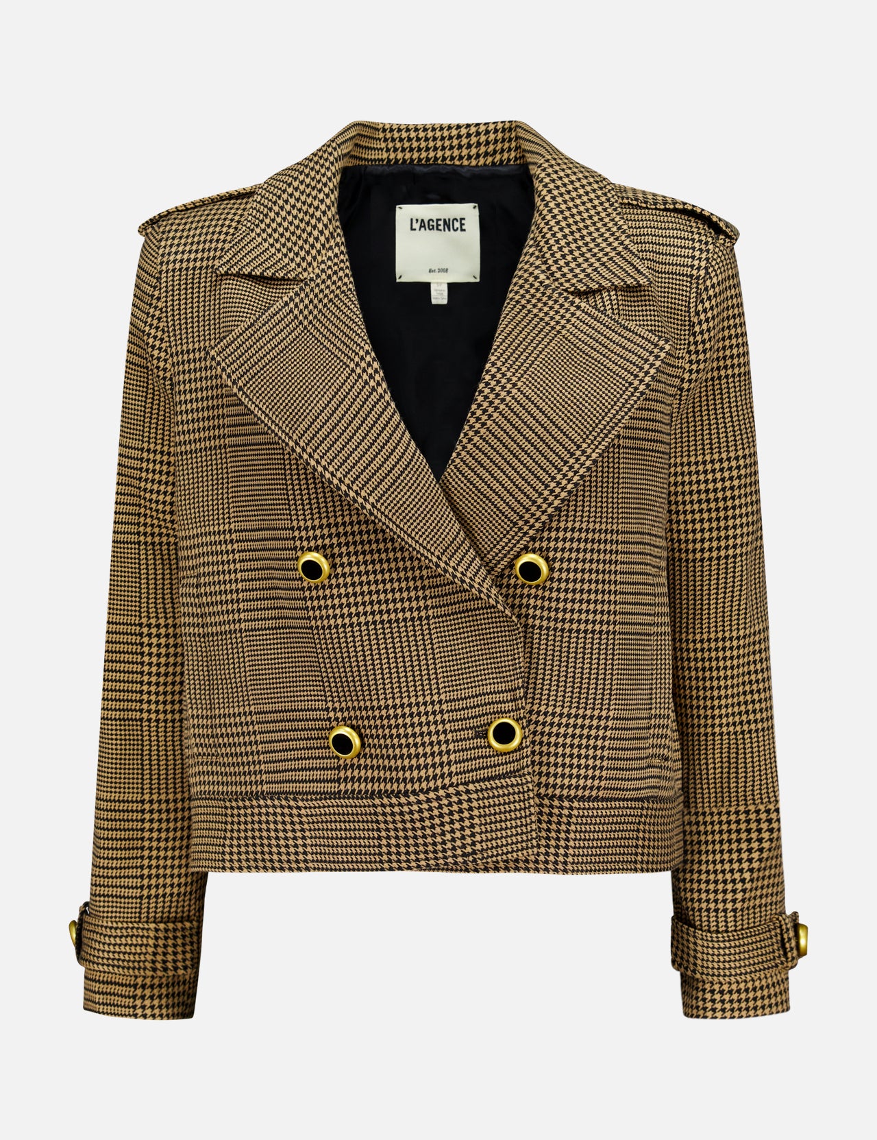 The Xoey Cropped Plaid Trench Coat by L'AGENCE is a brown and black houndstooth blazer featuring gold buttons, wide lapels, shoulder epaulets, and cuff straps. Reminiscent of a double-breasted jacket, this striking plaid style includes a label inside the collar that reads L'AGENCE.