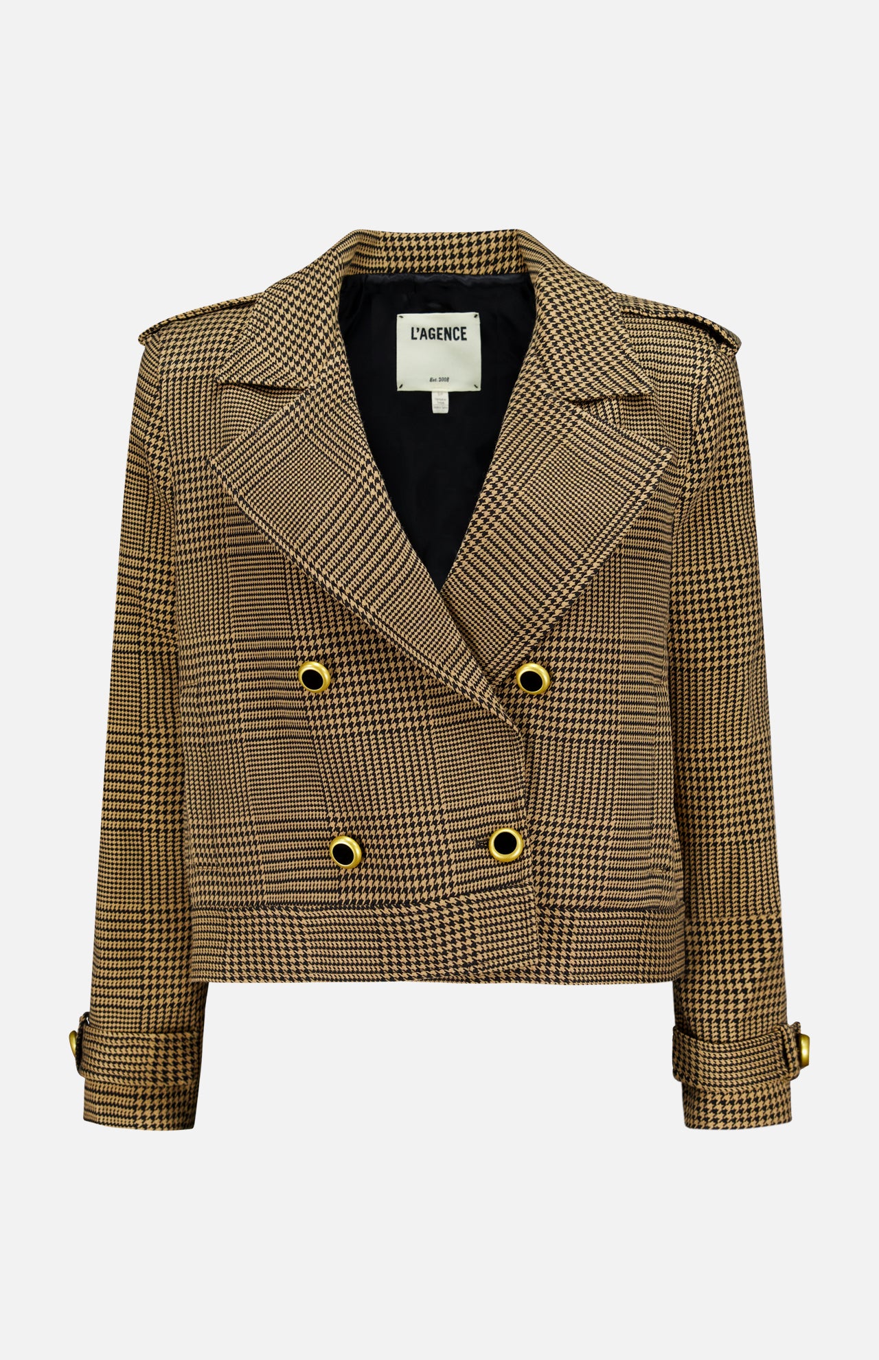 The Xoey Cropped Plaid Trench Coat by L'AGENCE is a brown and black houndstooth blazer featuring gold buttons, wide lapels, shoulder epaulets, and cuff straps. Reminiscent of a double-breasted jacket, this striking plaid style includes a label inside the collar that reads L'AGENCE.