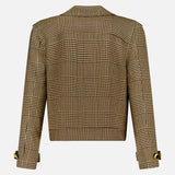 Back view of the L'AGENCE Xoey Cropped Plaid Trench Coat, featuring brown and beige plaid, buttoned cuffs, and a cropped hem, displayed on a white background.