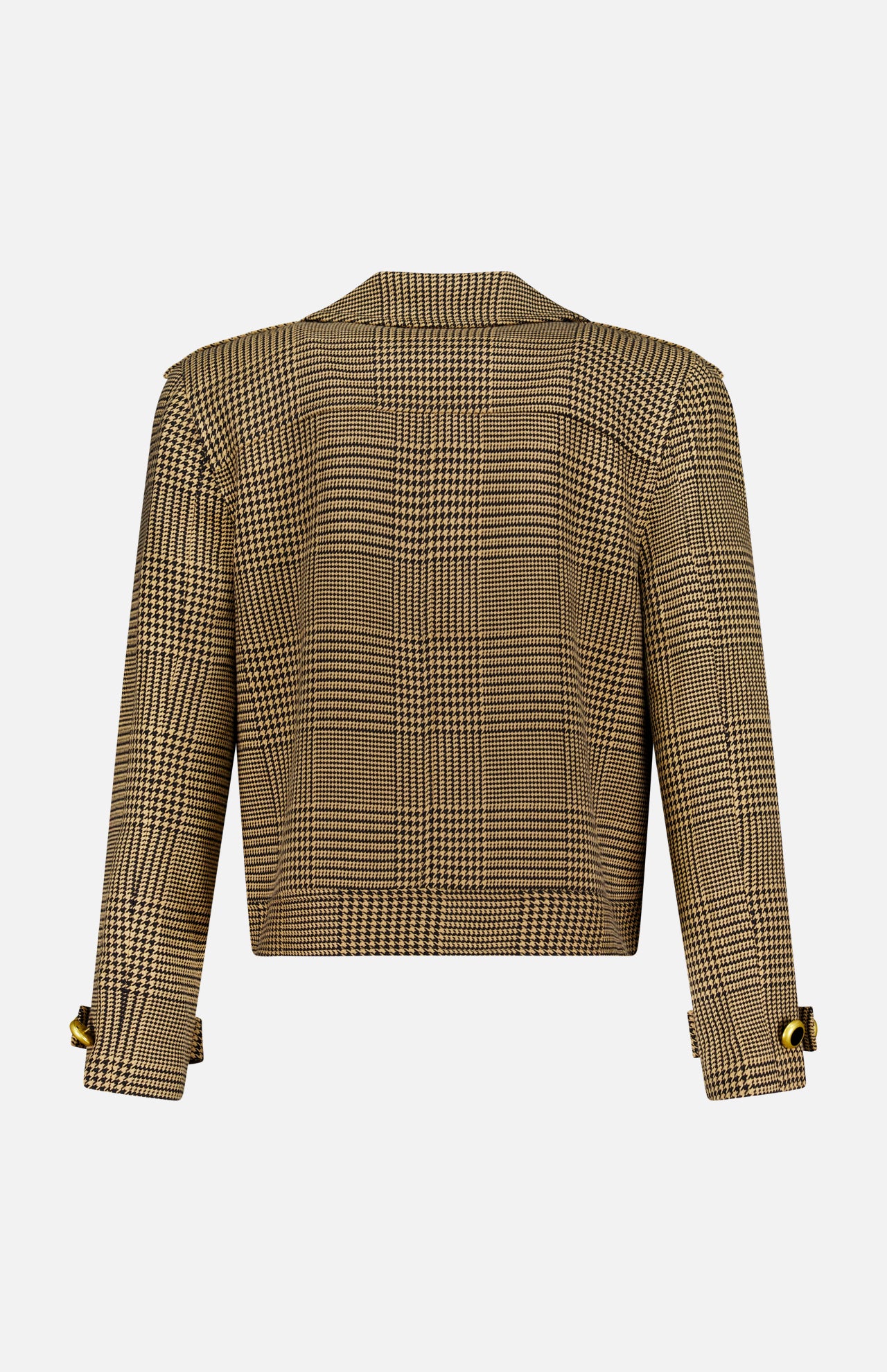 Back view of the L'AGENCE Xoey Cropped Plaid Trench Coat, featuring brown and beige plaid, buttoned cuffs, and a cropped hem, displayed on a white background.
