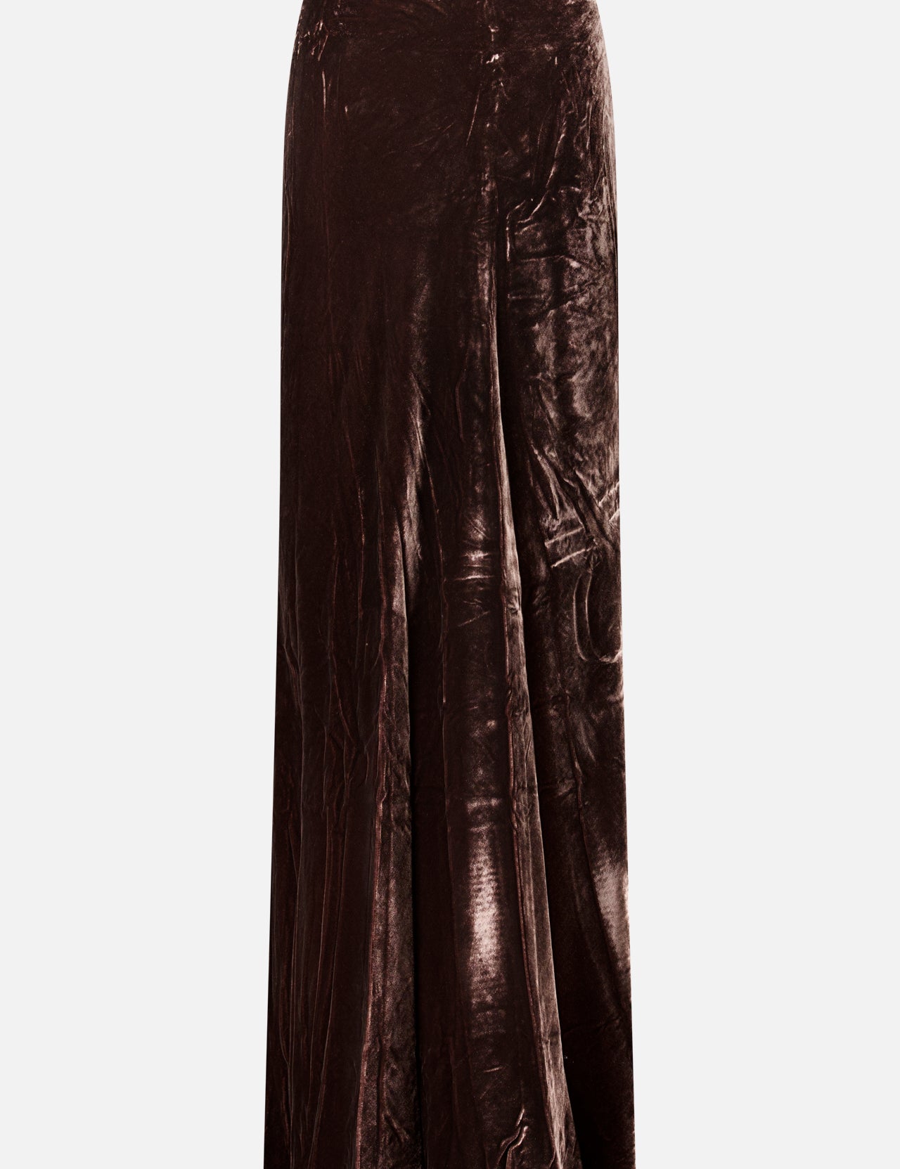L’Agence Zeta Long Velvet Skirt in a long, high-waisted dark brown velvet bias-cut design.