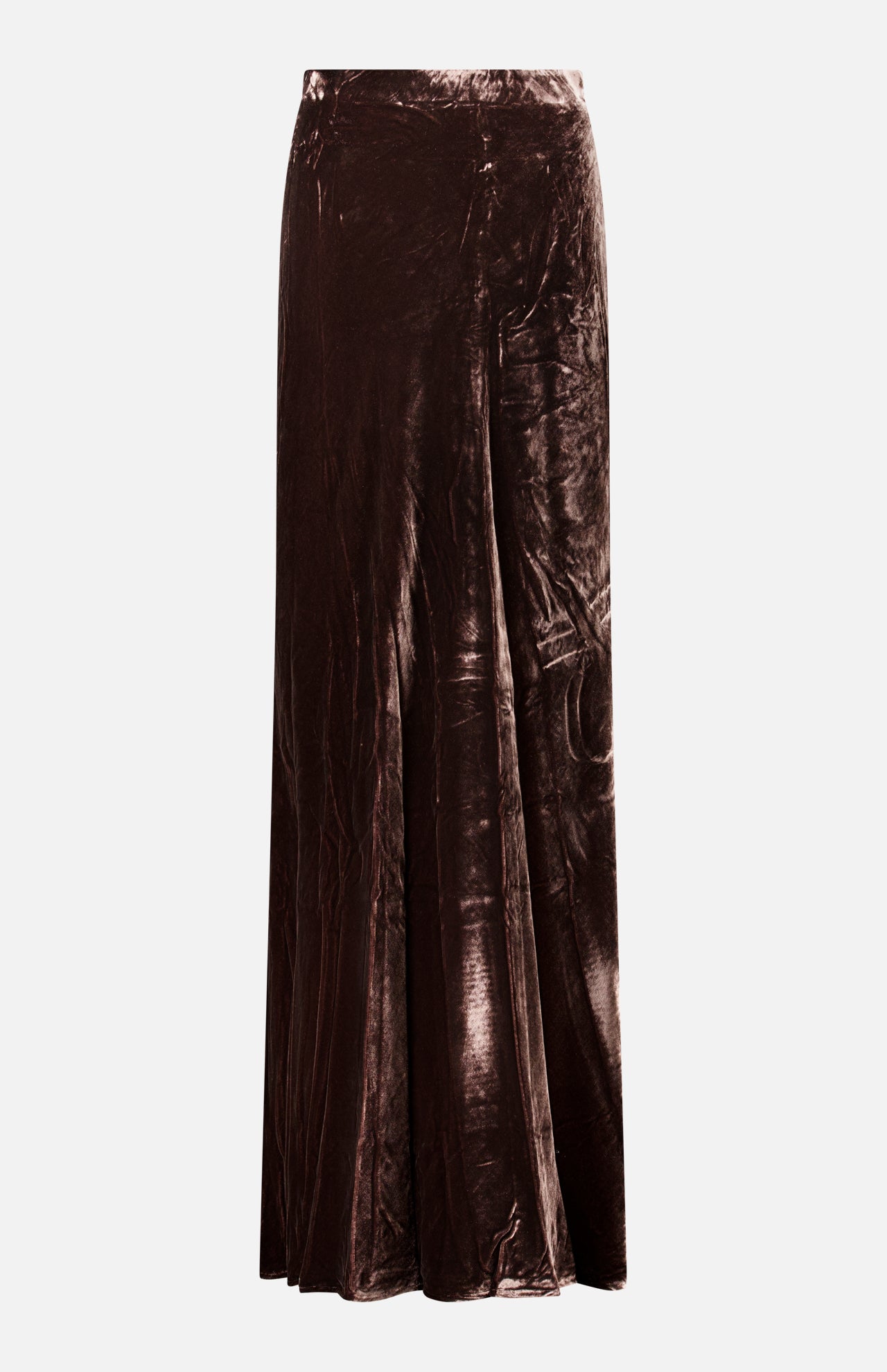 L’Agence Zeta Long Velvet Skirt in a long, high-waisted dark brown velvet bias-cut design.