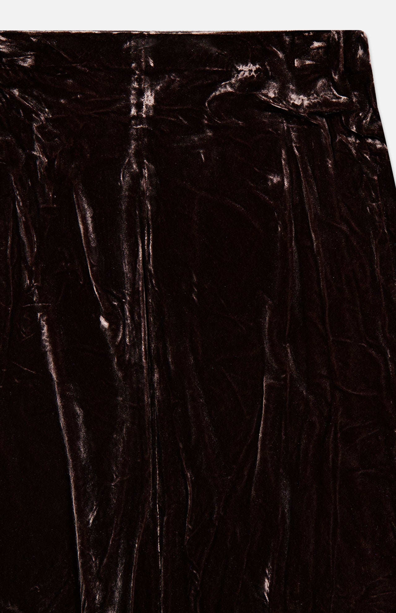 Close-up of the L’Agence Zeta Long Velvet Skirt, a bias-cut, dark brown velvet maxi skirt.