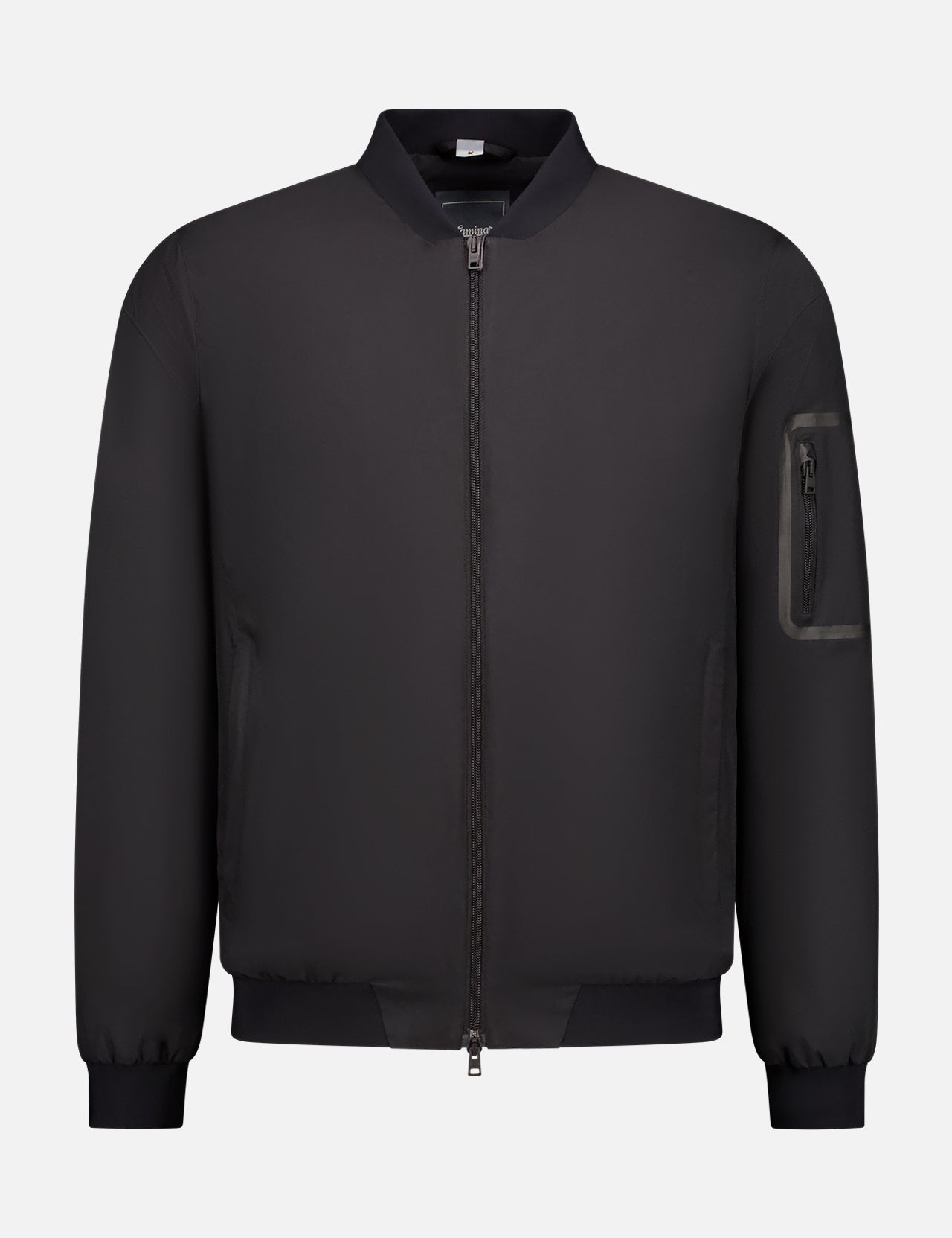 The HERNO Laminar Gore-Tex Windstopper Bomber is a water-repellent black jacket with a front zipper, ribbed collar, cuffs and hem, two side pockets, and a zippered left sleeve pocket, shown on a plain white background.