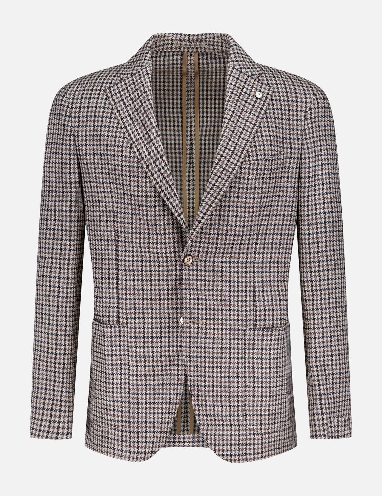 The L.B.M. Houndstooth Untreated Sportcoat is a men's Italian-made blazer in black and white houndstooth, with notched lapels, two front pockets, and a single-breasted two-button design, shown on a plain white background.