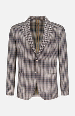 The L.B.M. Houndstooth Untreated Sportcoat is a men's Italian-made blazer in black and white houndstooth, with notched lapels, two front pockets, and a single-breasted two-button design, shown on a plain white background.