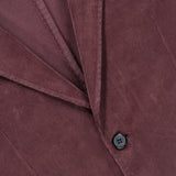 Close-up of the L.B.M. Corduroy Single Breasted Sportcoat for men, crafted in mauve corduroy—with fine ridges, a sharp lapel, part of the breast pocket, and two black buttons—highlighting the refined texture and classic detailing of this elegant sportcoat.
