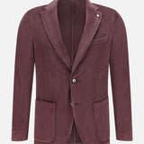 The L.B.M. Corduroy Single Breasted Sportcoat, shown on a plain white background, features a maroon corduroy fabric, notch lapels, a single-button closure, two lower front pockets, and one chest pocket.