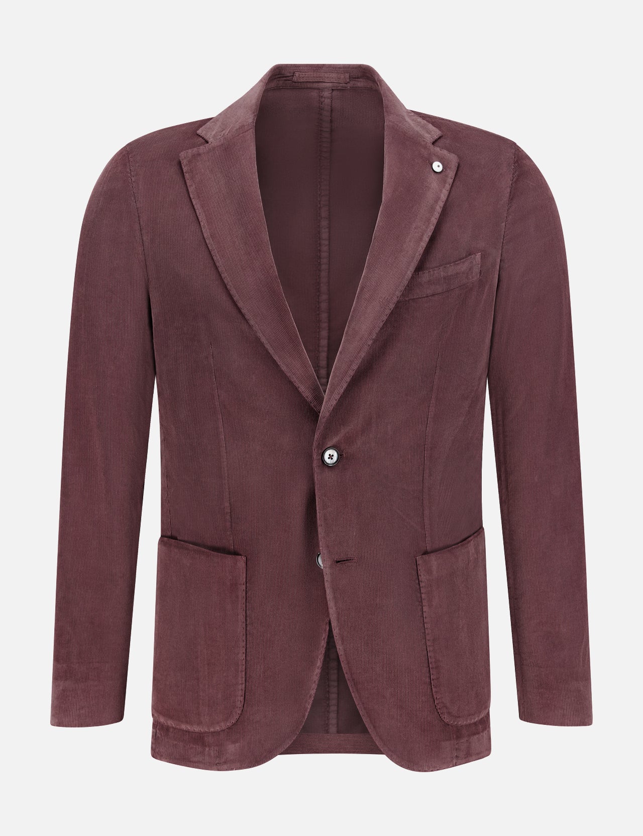 The L.B.M. Corduroy Single Breasted Sportcoat, shown on a plain white background, features a maroon corduroy fabric, notch lapels, a single-button closure, two lower front pockets, and one chest pocket.