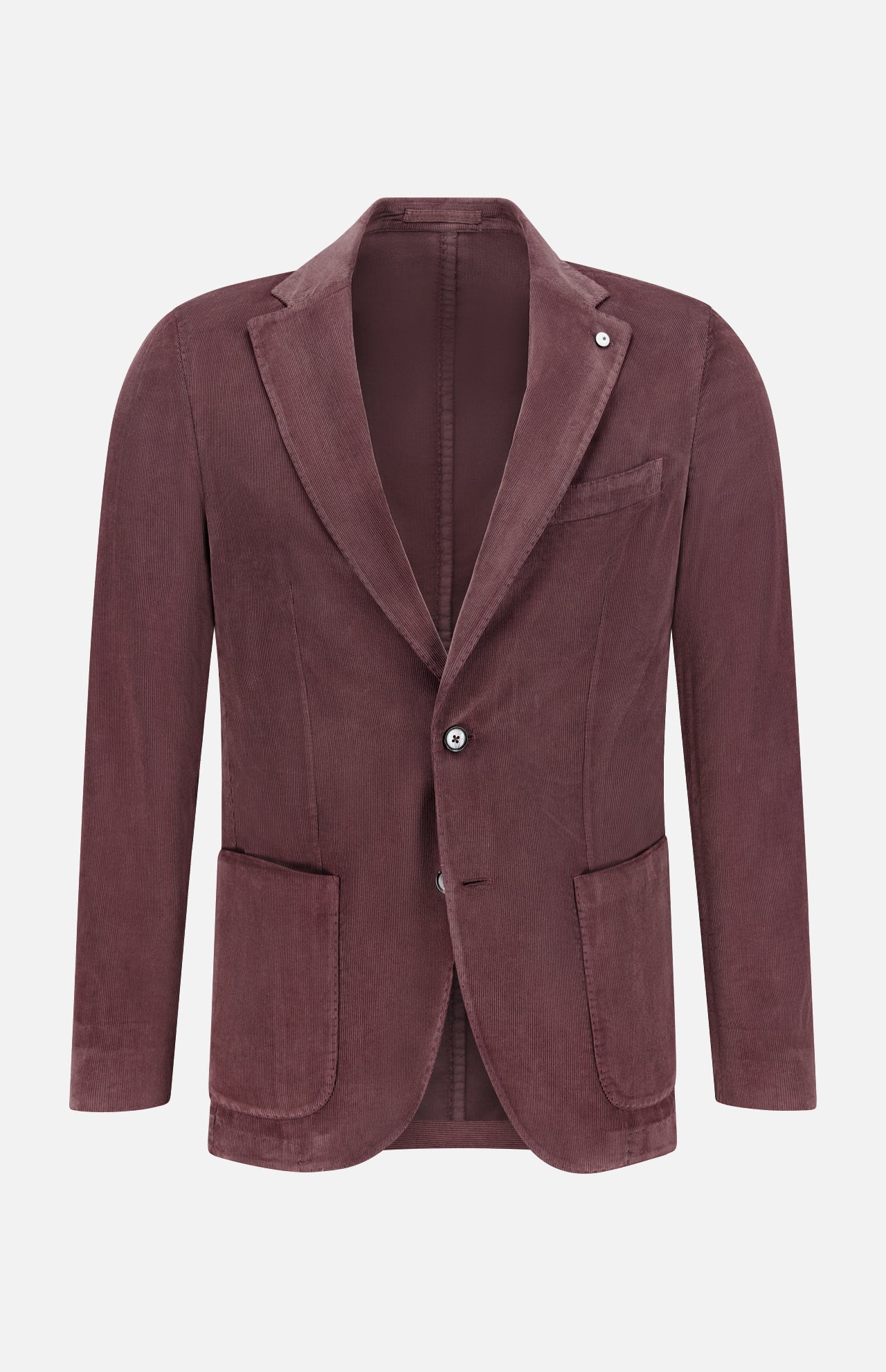 The L.B.M. Corduroy Single Breasted Sportcoat, shown on a plain white background, features a maroon corduroy fabric, notch lapels, a single-button closure, two lower front pockets, and one chest pocket.