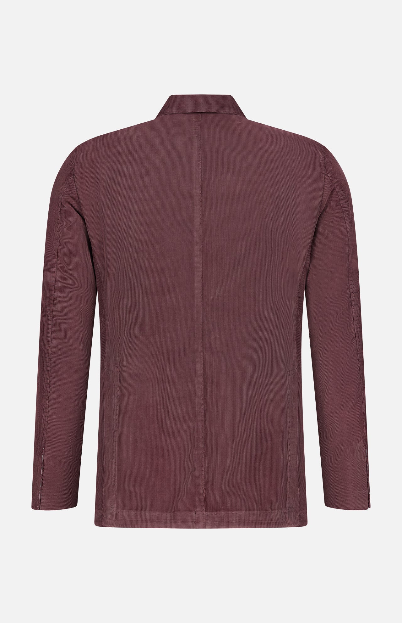 Back view of the L.B.M. Corduroy Single Breasted Sportcoat in burgundy, featuring long sleeves, a collar, and no visible fasteners, displayed against a plain white background.