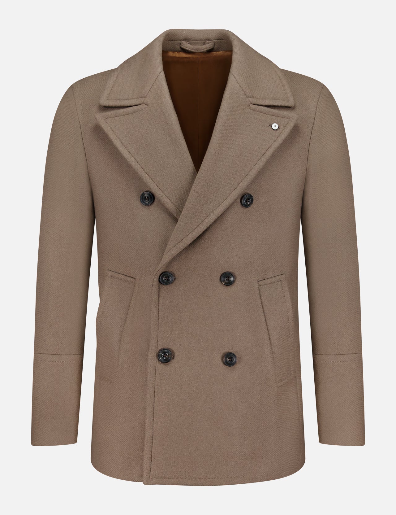 The L.B.M. Double Breasted Car Coat is a taupe wool-blend coat made in Italy, showcased on a plain white background. It features black buttons, wide lapels, flap pockets, and a smooth brown lining.
