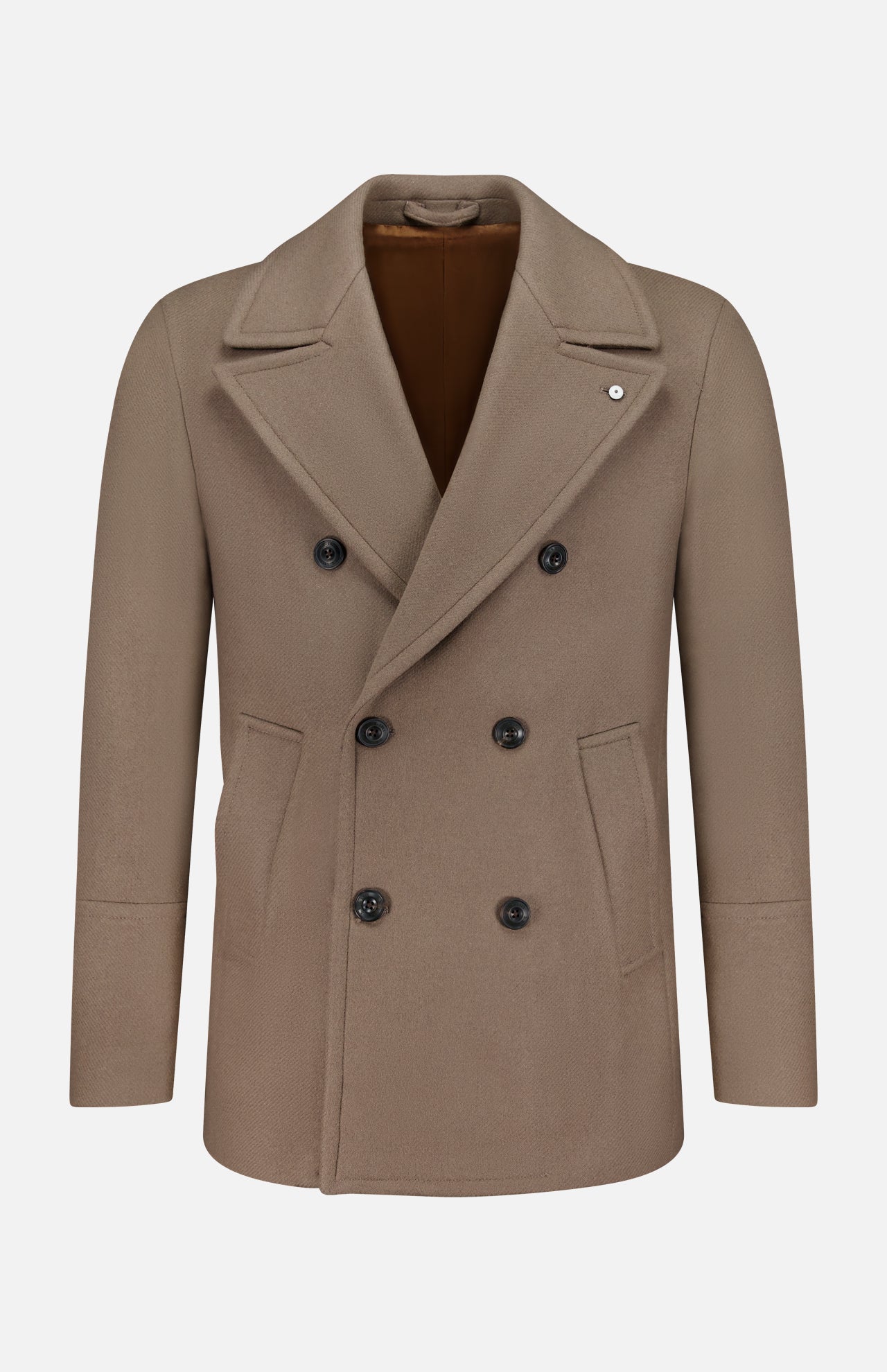 The L.B.M. Double Breasted Car Coat is a taupe wool-blend coat made in Italy, showcased on a plain white background. It features black buttons, wide lapels, flap pockets, and a smooth brown lining.