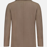 Back view of the L.B.M. Double Breasted Car Coat in brown wool-blend, featuring long sleeves, a straight hem, and a notch collar, made in Italy and displayed against a plain white background.