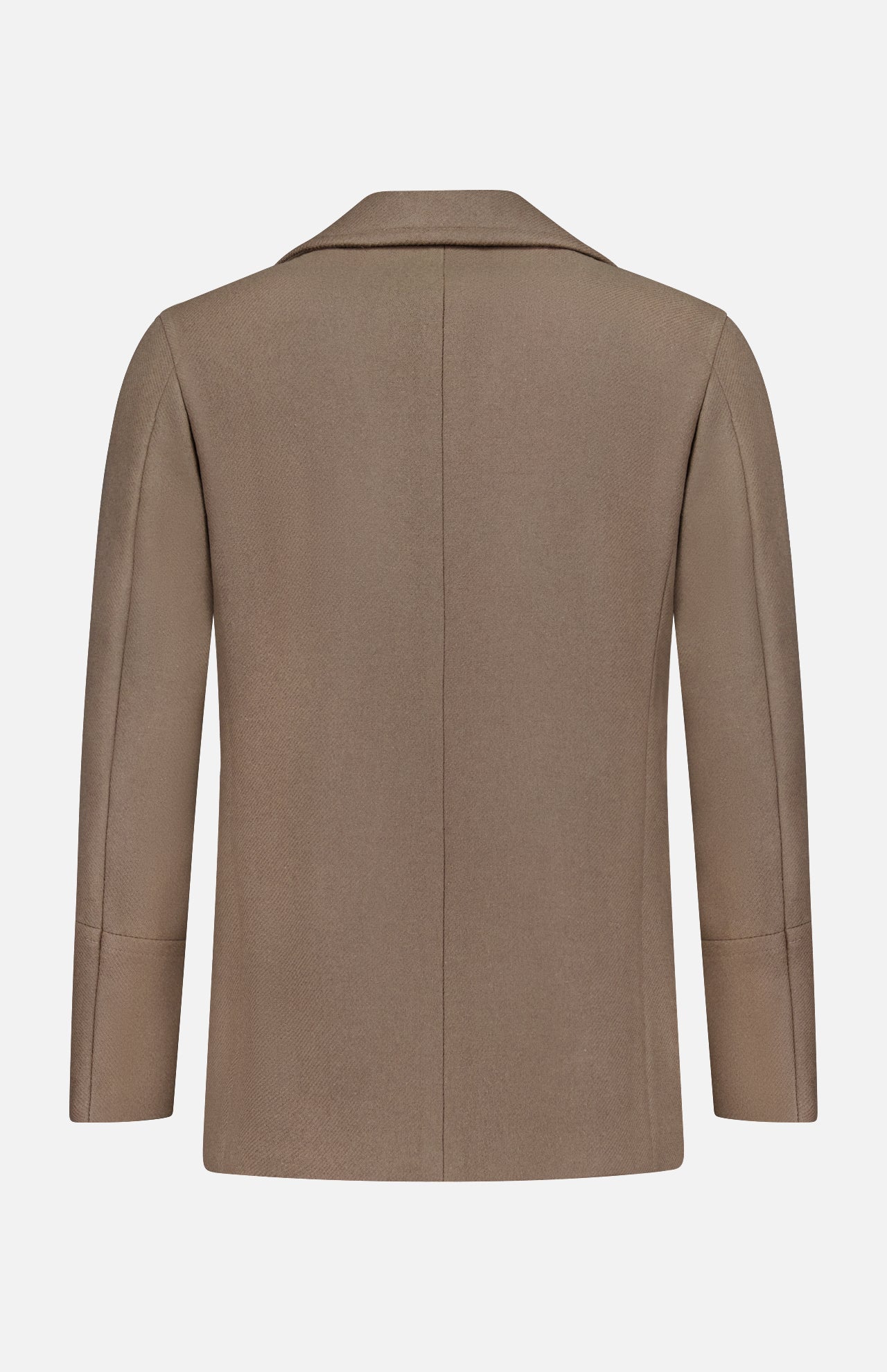 Back view of the L.B.M. Double Breasted Car Coat in brown wool-blend, featuring long sleeves, a straight hem, and a notch collar, made in Italy and displayed against a plain white background.
