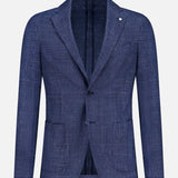 The L.B.M. Glen Plaid 2 Button Sportcoat—a sophisticated men’s blazer in blue plaid, crafted from a luxurious wool-silk-linen blend—features notch lapels, two buttons, front patch pockets, and a single chest pocket, displayed against a plain white background.
