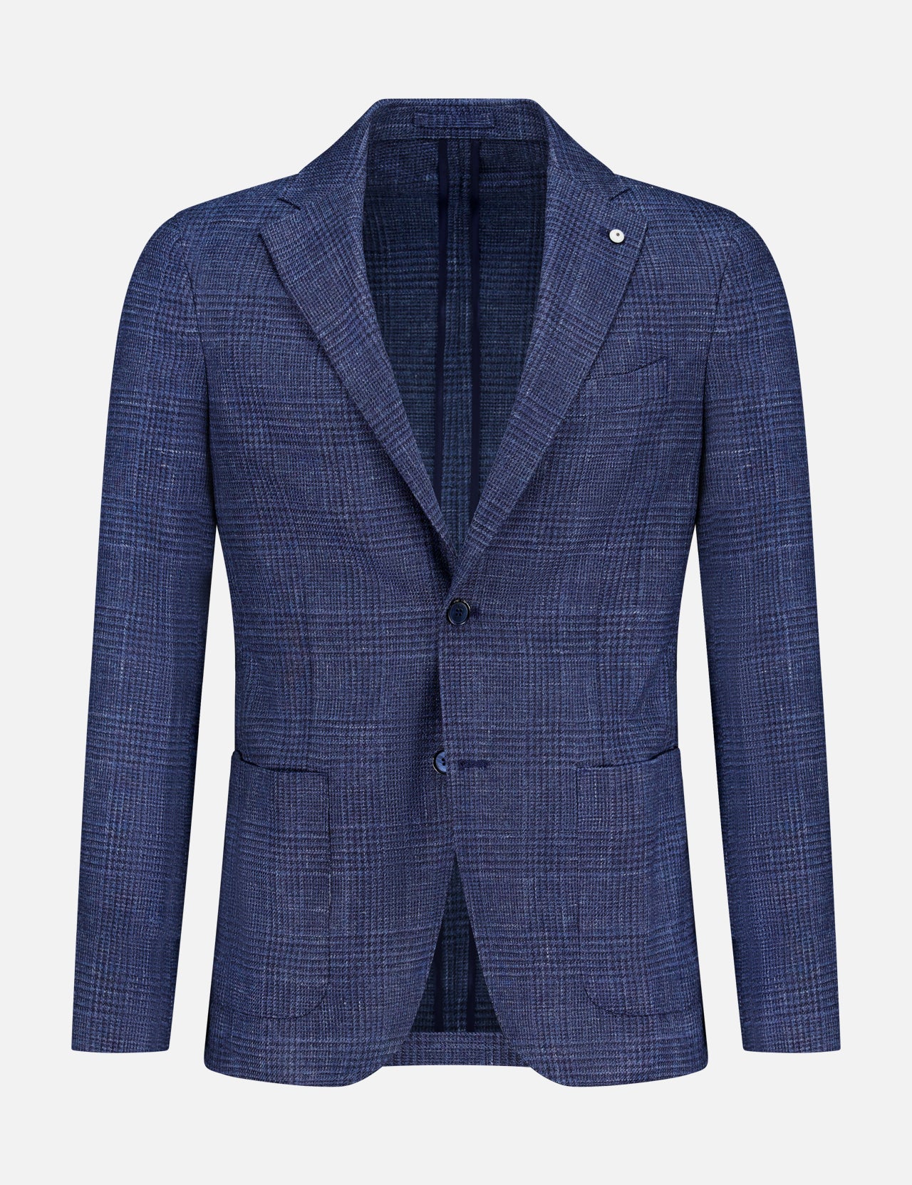 The L.B.M. Glen Plaid 2 Button Sportcoat—a sophisticated men’s blazer in blue plaid, crafted from a luxurious wool-silk-linen blend—features notch lapels, two buttons, front patch pockets, and a single chest pocket, displayed against a plain white background.