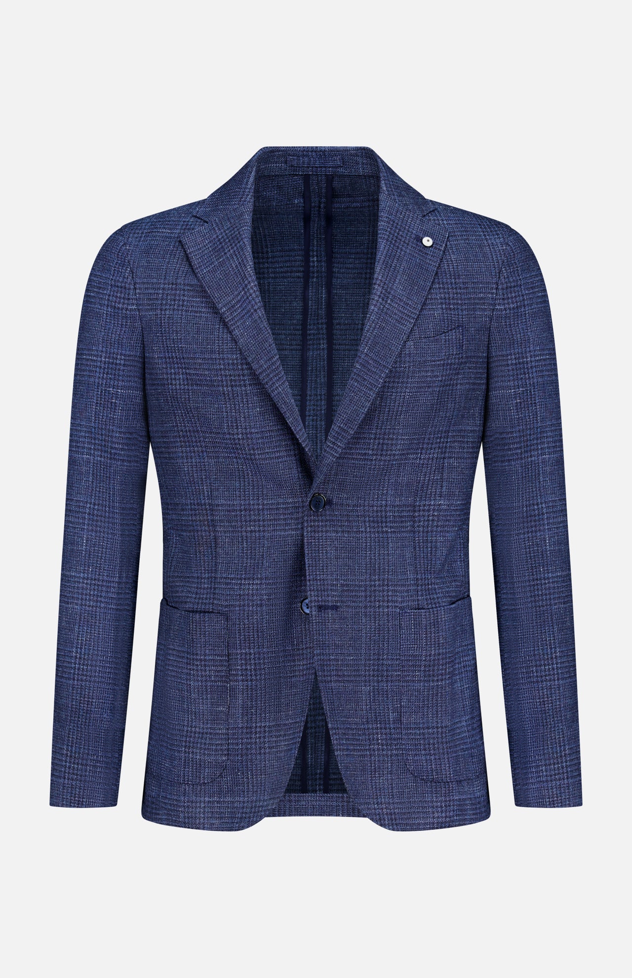 The L.B.M. Glen Plaid 2 Button Sportcoat—a sophisticated men’s blazer in blue plaid, crafted from a luxurious wool-silk-linen blend—features notch lapels, two buttons, front patch pockets, and a single chest pocket, displayed against a plain white background.