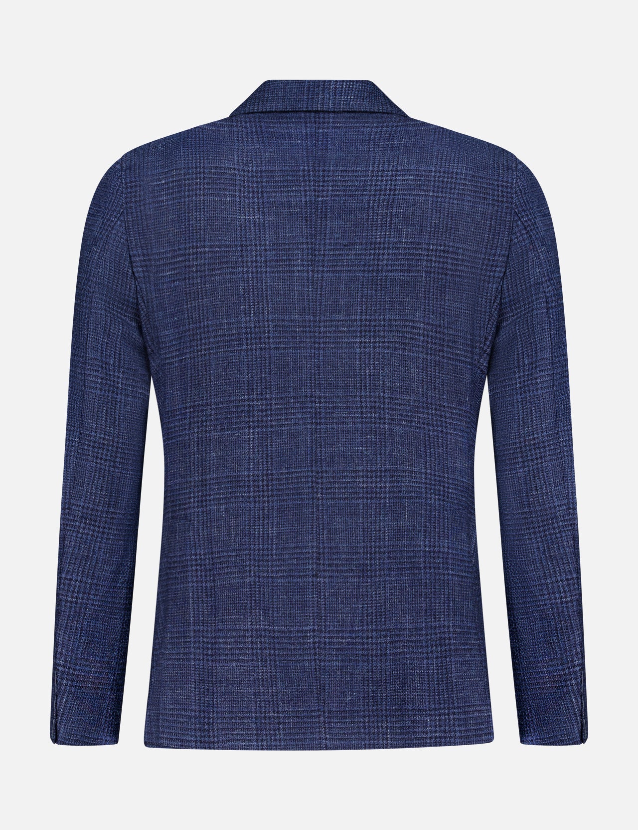 Back view of the L.B.M. Glen Plaid 2 Button Sportcoat for men, featuring long sleeves and a subtle dark blue plaid check pattern, displayed against a plain white background.