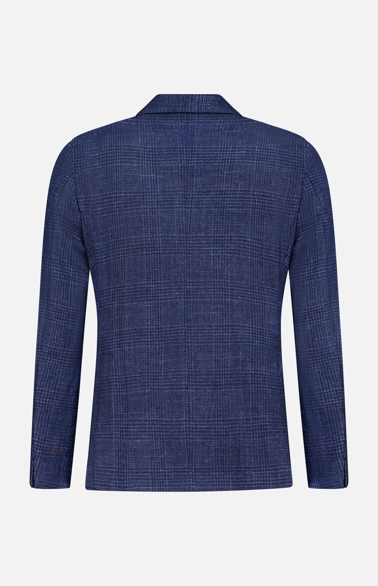 Back view of the L.B.M. Glen Plaid 2 Button Sportcoat for men, featuring long sleeves and a subtle dark blue plaid check pattern, displayed against a plain white background.